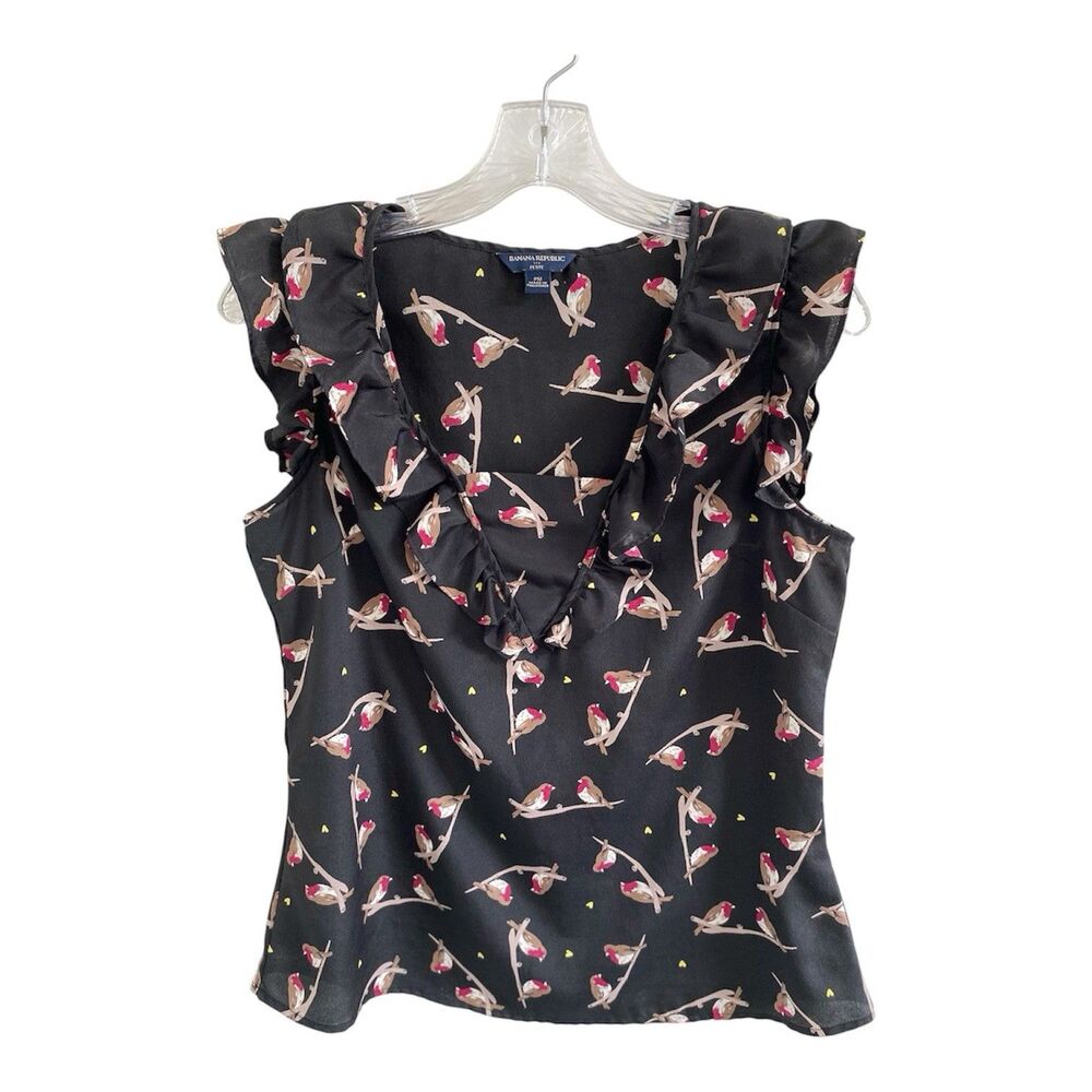Banana Republic Petite PM Black Robin Bird Ruffle Flounce Neck Sleeveless Blouse - Picture 1 of 5